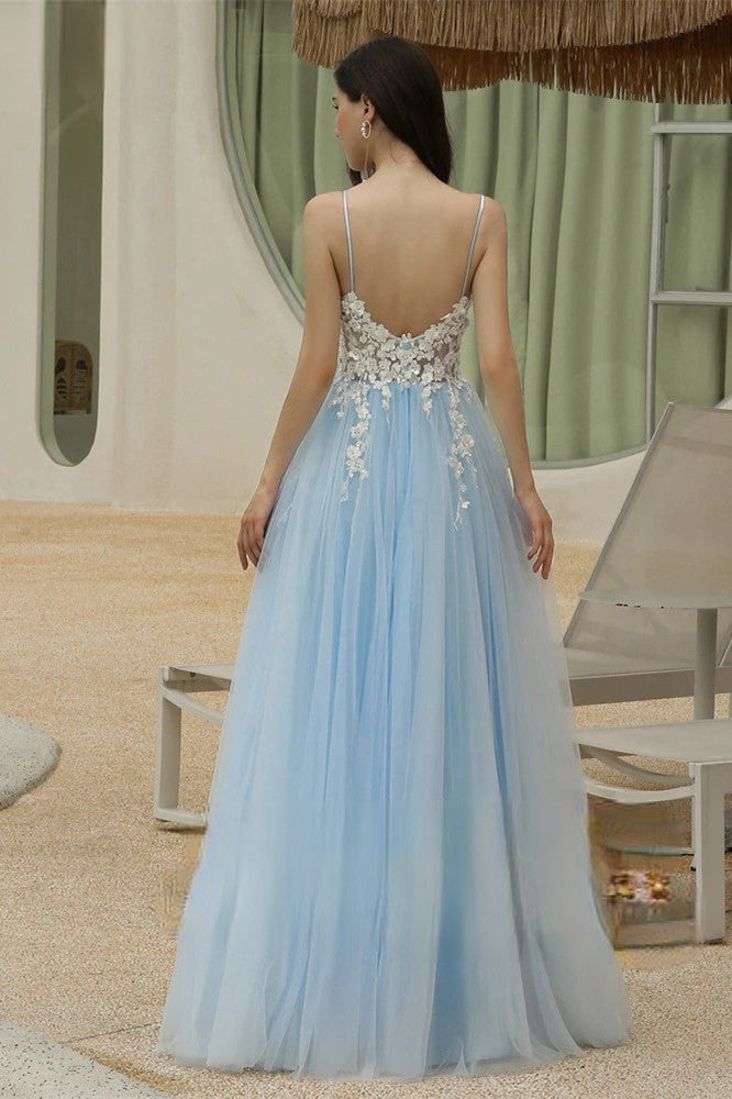 Sky Blue Sweetheart V-Neck Spaghetti-Straps Long Prom Dress