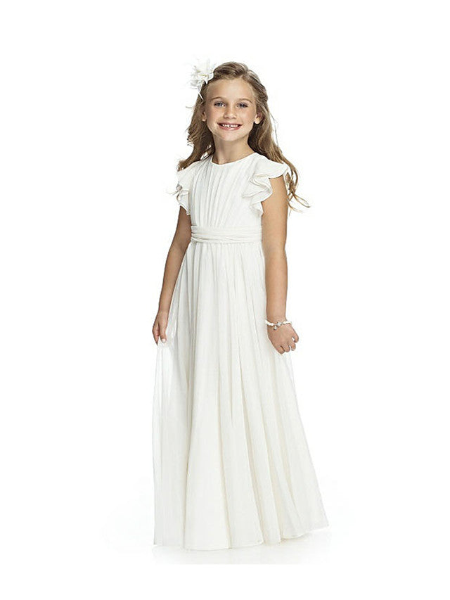 Floor-length Jewel Flower Girl Dresses with Ruffles and Short Sleeves