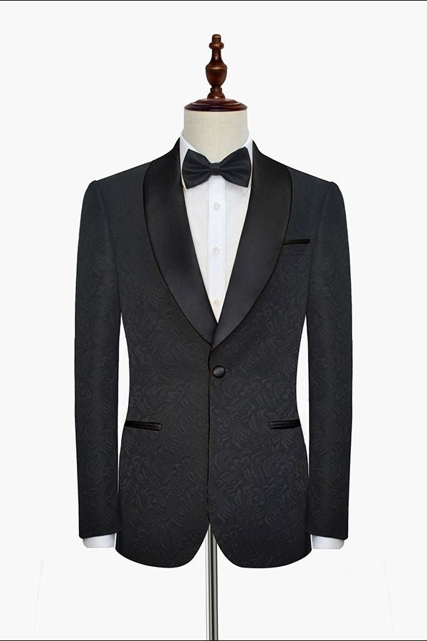 Classic Black Jacquard Tuxedo for Men | Shawl Lapel Silk One Button Wedding Suits