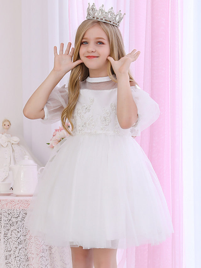 Halter Neck 3/4 Length Sleeve Satin Ball Gown with Beadings and Appliques for Flower Girl