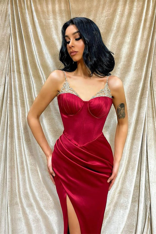 Burgundy Mermaid Evening Dress with Beadings and Spaghetti Straps Front Split