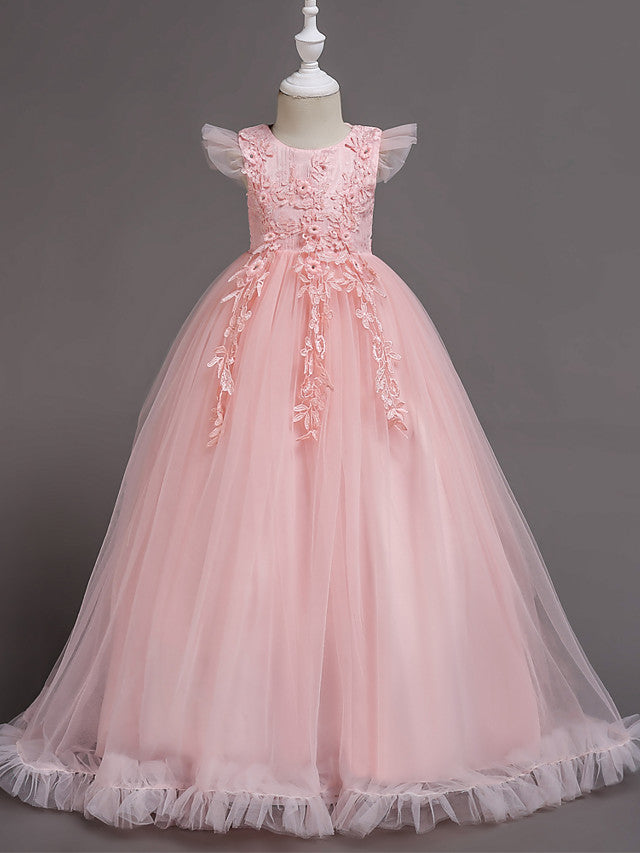 Princess Short Sleeve Flower Girl Dress with Lace Appliques Ruffles