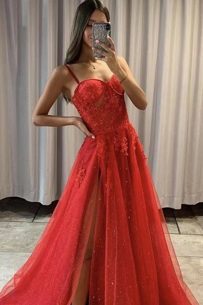 Red Sweetheart Slit Sequins Prom Dress With Tulle & Spaghetti Straps