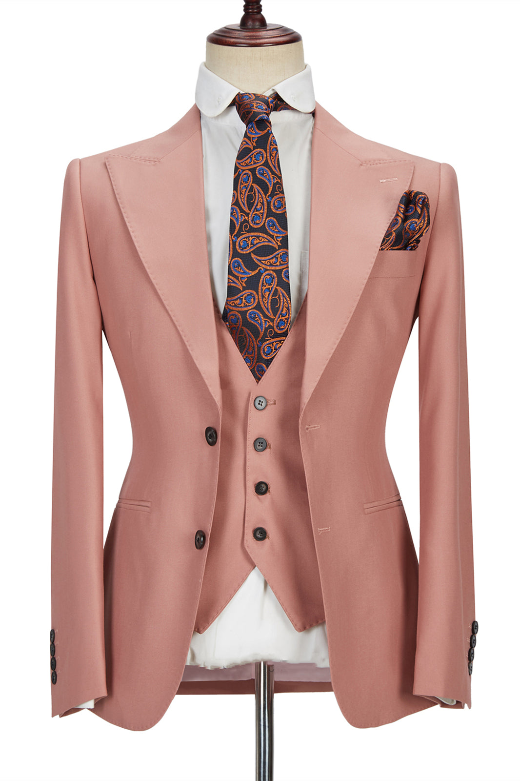 3 Piece Marriage Suit with Peak Lapel for Men - Pink 2 Buttons