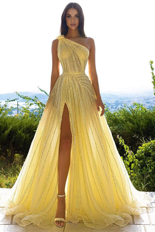 Dazzle in Daffodil: Sequins One Shoulder Prom Dress With Front Split