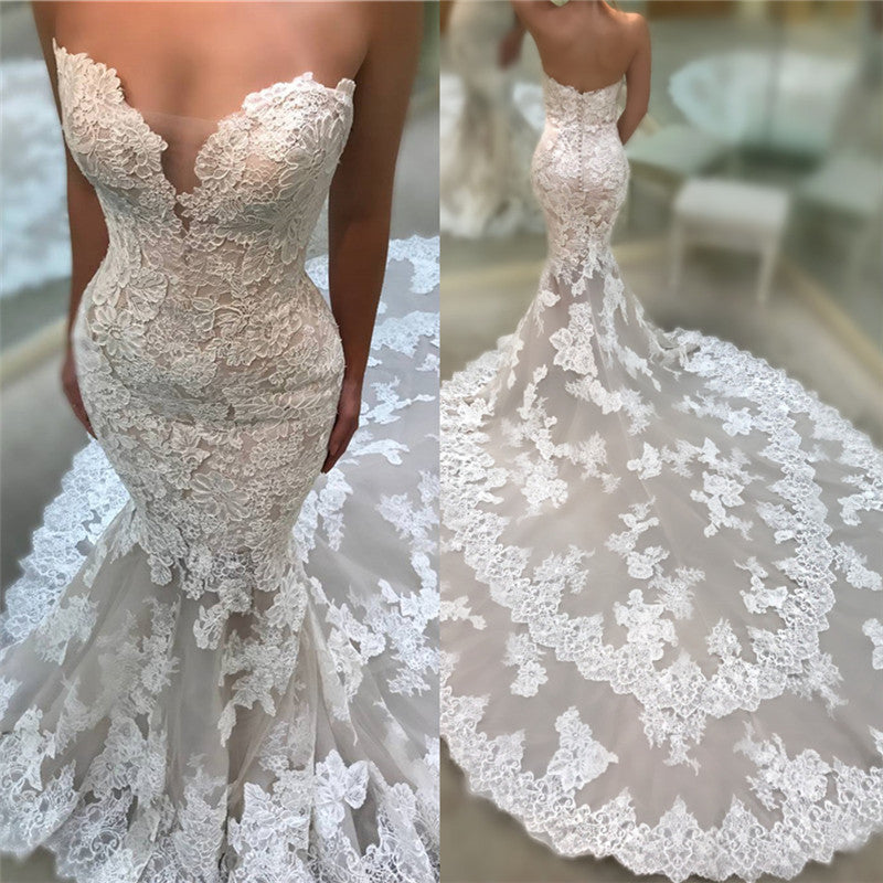 V-Neck Strapless Long Backless Mermaid Lace Appliques Wedding Dress