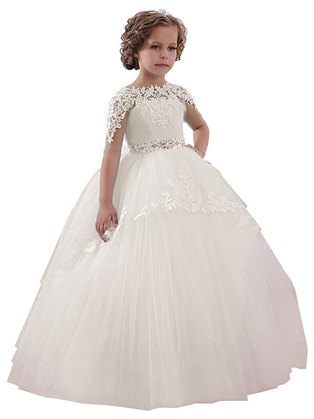 Short Sleeve Jewel Neck Flower Girl Dresses with Lace Tulle Appliques Crystals and Rhinestones