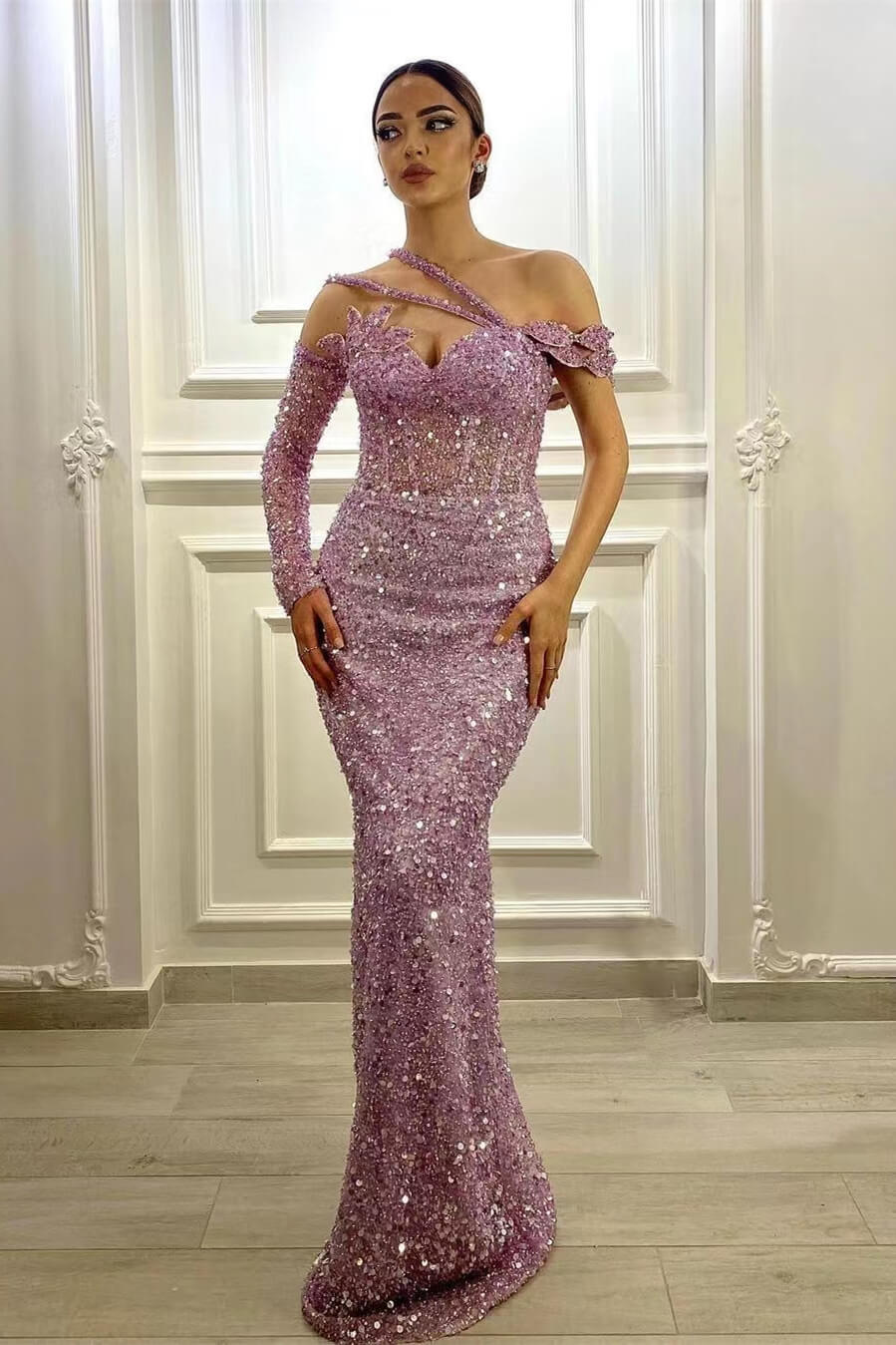 Gorgeous Lavender Prom Dress with Long Sleeves and Sequins