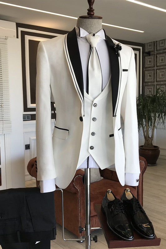 White Easy Fit Bespoke Wedding Suit with Black Shawl Lapel for Men - London