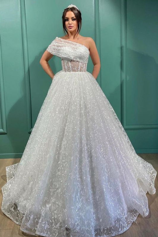 Long Embroidery A-Line Lace Wedding Dress