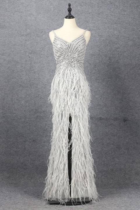 Luxury Sliver Mermaid Spaghetti Strap Prom Dress with Split Sleeveless and Feathers Beading