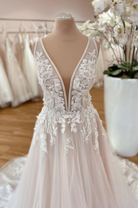 Wide Straps A-Line Tulle Floor-length Wedding Dress with Floral Lace