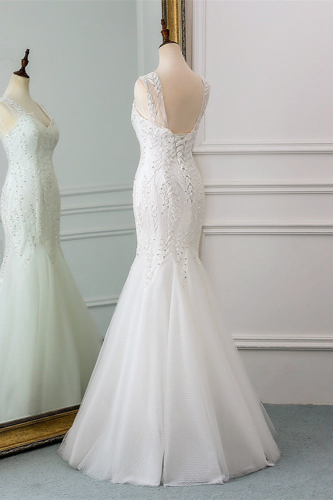 Stunning V-neck Tulle Long Mermaid Wedding Dress with Beadings