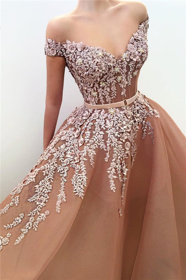 Elegant V-Neck Mermaid Prom Dress With Belt and Off-The-Shoulder Appliques