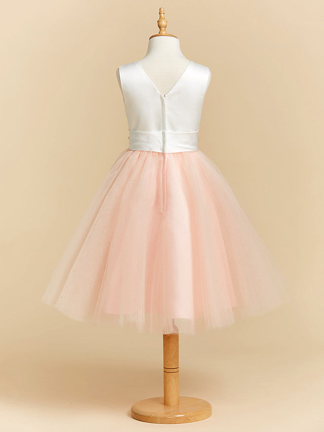 Satin Tulle Ball Gown Flower Girl Dress with V Neck and Sash Ribbon Crystals