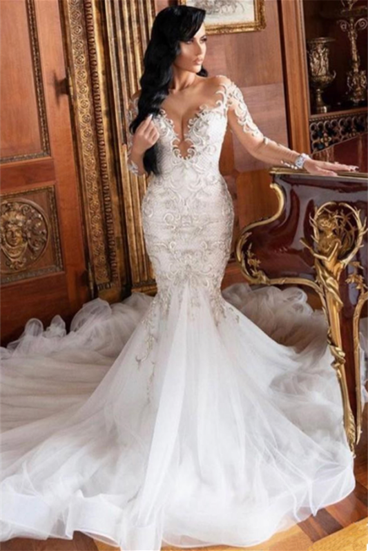 Long Sleeves Lace Applique Mermaid Wedding Dress