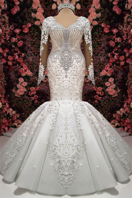 Sweetheart Long Sleeves Elegant Lace Appliques Mermaid Wedding Dress with Beadings