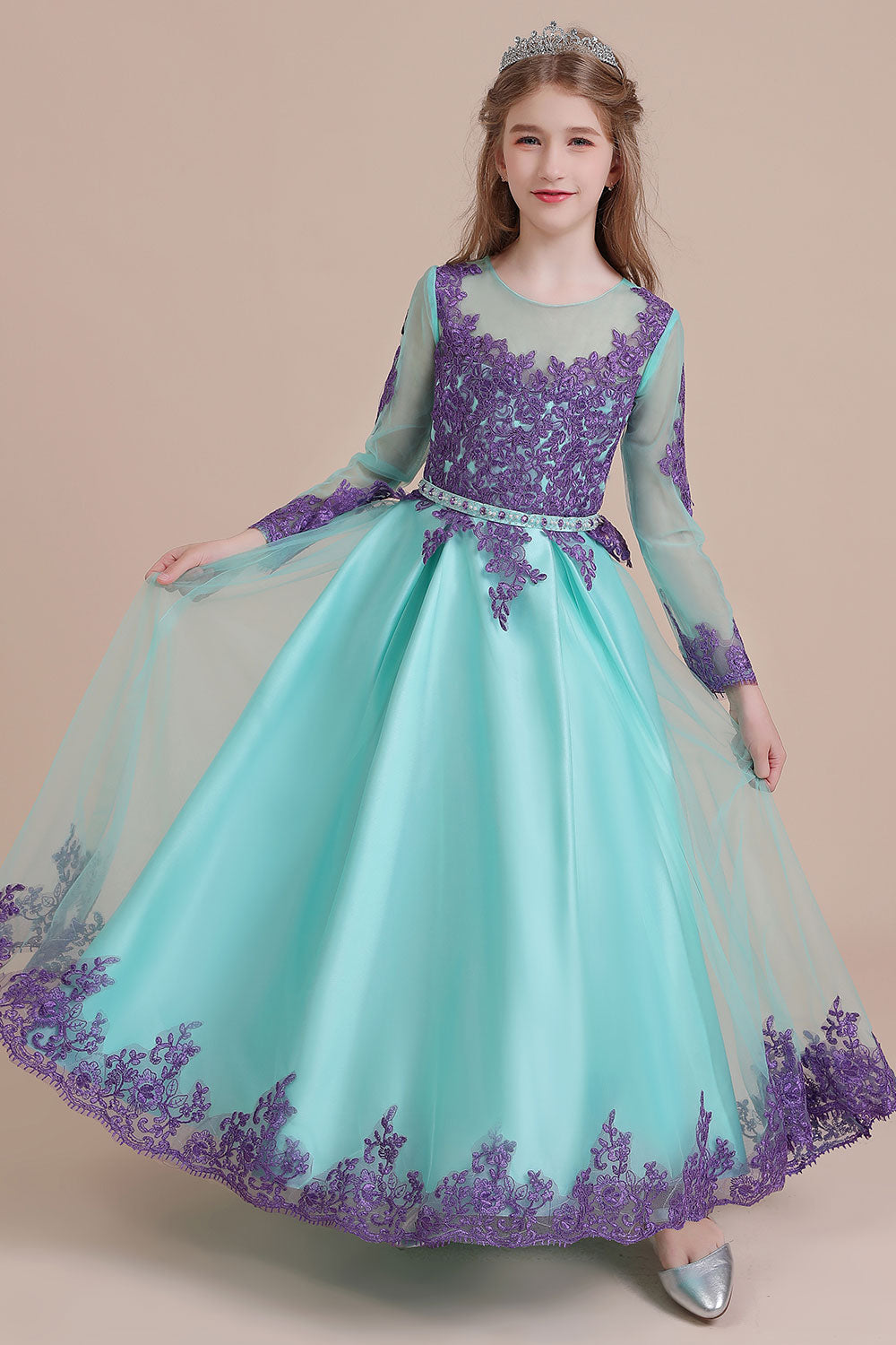 Chic Long Sleeve Jewel A-line Flower Girl Dress with Tulle Appliques