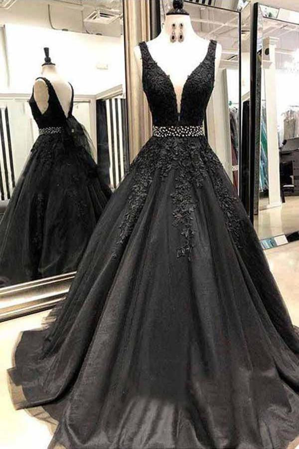 Elegant Black V-Neck Prom Dress with Applique Beadings