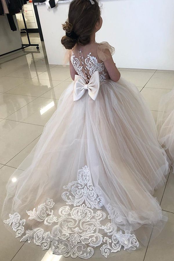 Jewel Sleeveless Ball Gown with Lace Appliques and Bow for Flower Girl Dress