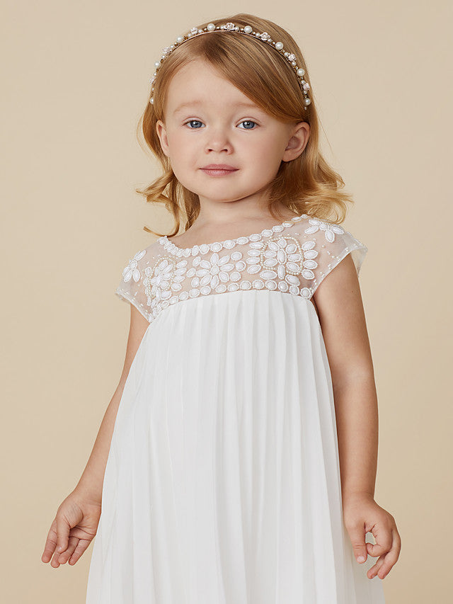 Short Sleeve Jewel Neck Flower Girl Dresses with Chiffon Beading and Draping