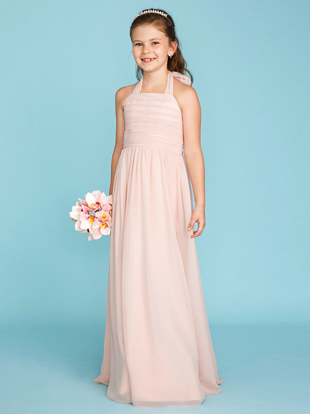 Princess A-Line Halter Neck Flower Girl Dress Floor Length Chiffon With Pleats Ruched