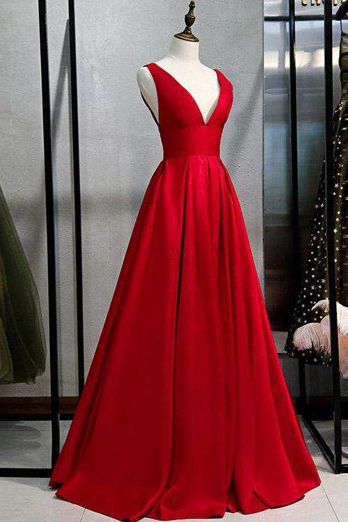 Elegant Red V-neck A-Line Prom Dress with Sleeveless - Shop Online