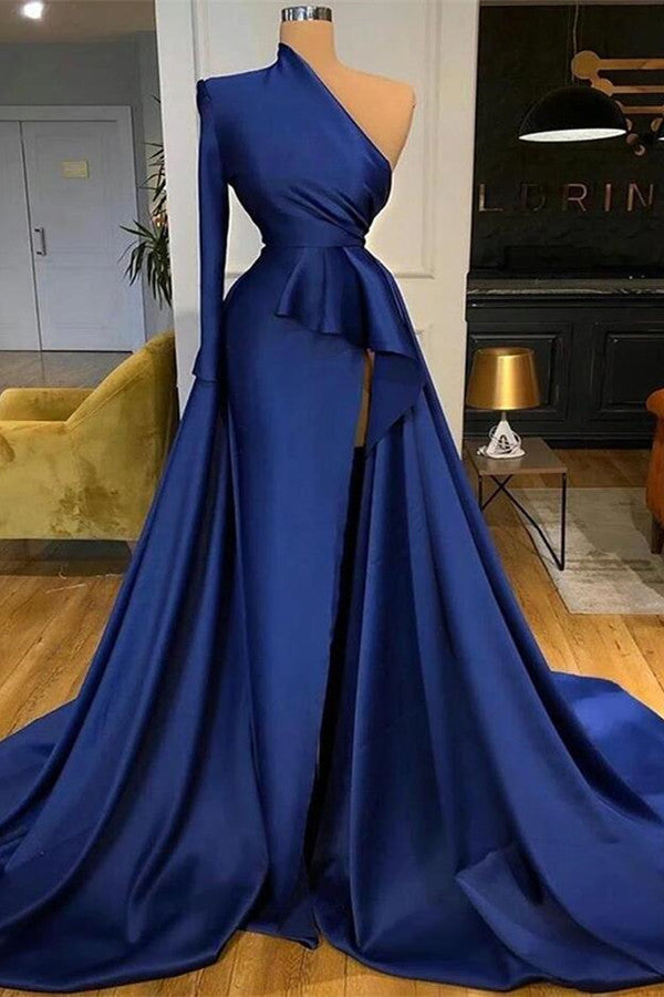 Stunning Mermaid Dark Blue Prom Dress with Long Sleeves and Split