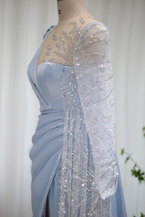 Glamorous Baby Blue A Line Prom Dress with Sparkle Sequins & Ruffles