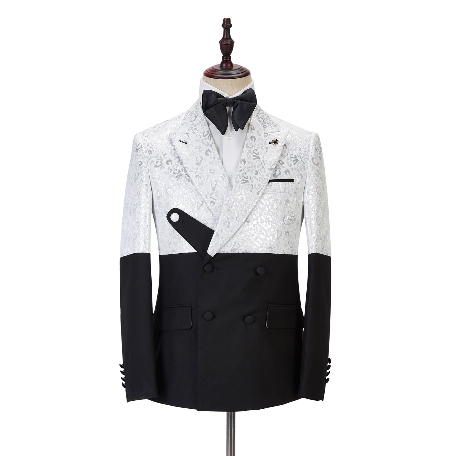 Handsome Black & White Jacquard Marriage Blazer Suit with Peaked Lapel