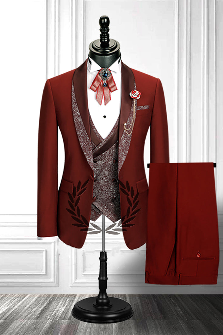 Stylish Red 3 Piece Stitching Lapel Double Breasted Waistcoat Men's Suit