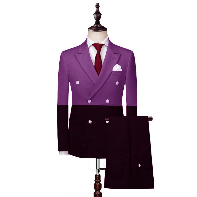 Handsome Purple & Black Double Breasted Marriage Suit with Peaked Lapel