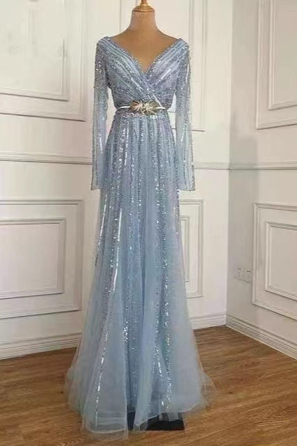 Gorgeous Deep V-Neck Sequins Evening Dress with Beads Tulle Long Sleeves