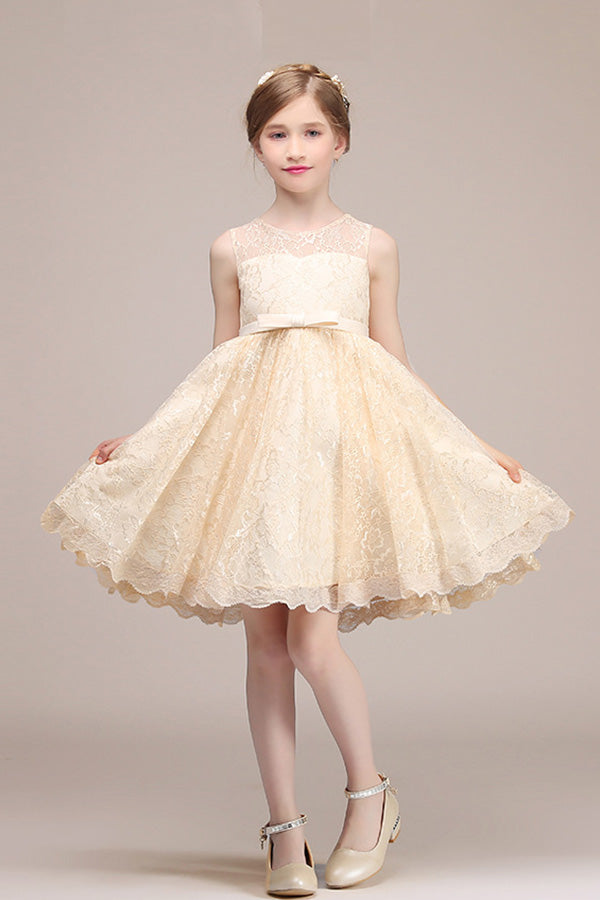 Jewel Sleeveless Illusion Neck Flower Girl Dress with Tulle Lace