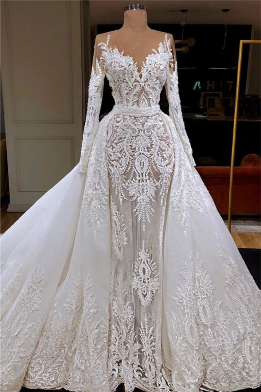 Glamorous Lace Mermaid Wedding Dress with Detachable Skirt - Long Sleeves