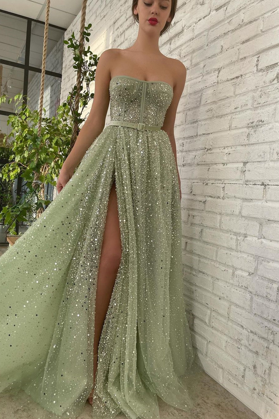 Sage Strapless A-Line Prom Dress With High Split & Sequins Beads