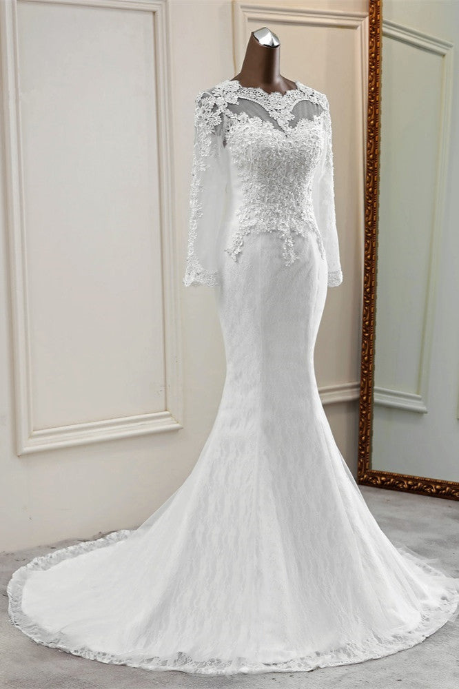 Elegant Long Sleeves Mermaid Wedding Dress with Jewel Accents and Tulle