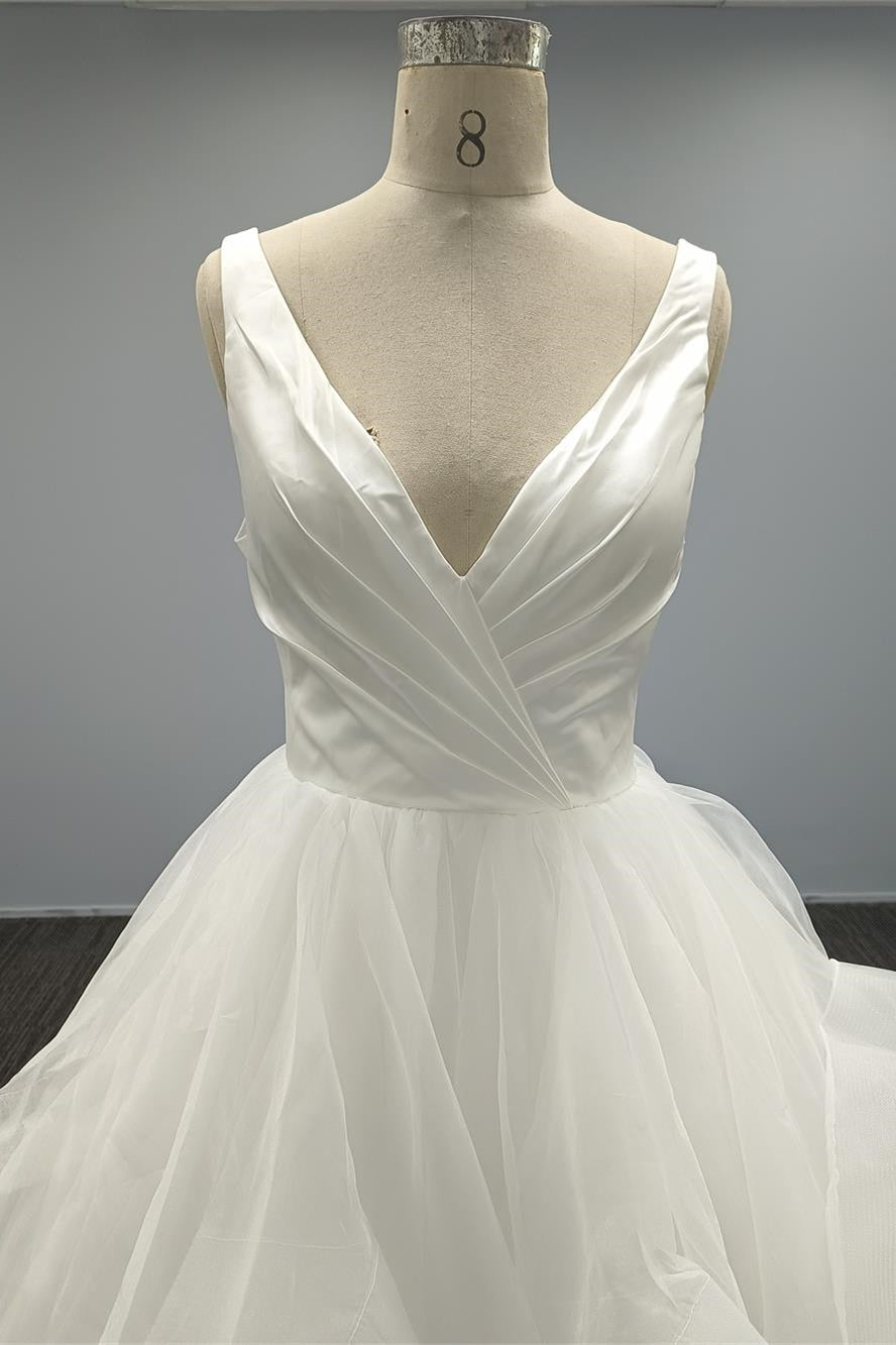 V Neck Wedding Dress With Open Back & Tutu Tulle for Simple A Line Look