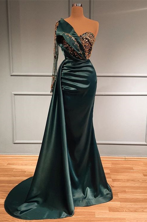 Dark Green Long Lace Sleeved Beaded Mermaid Evening Dress With Appliques