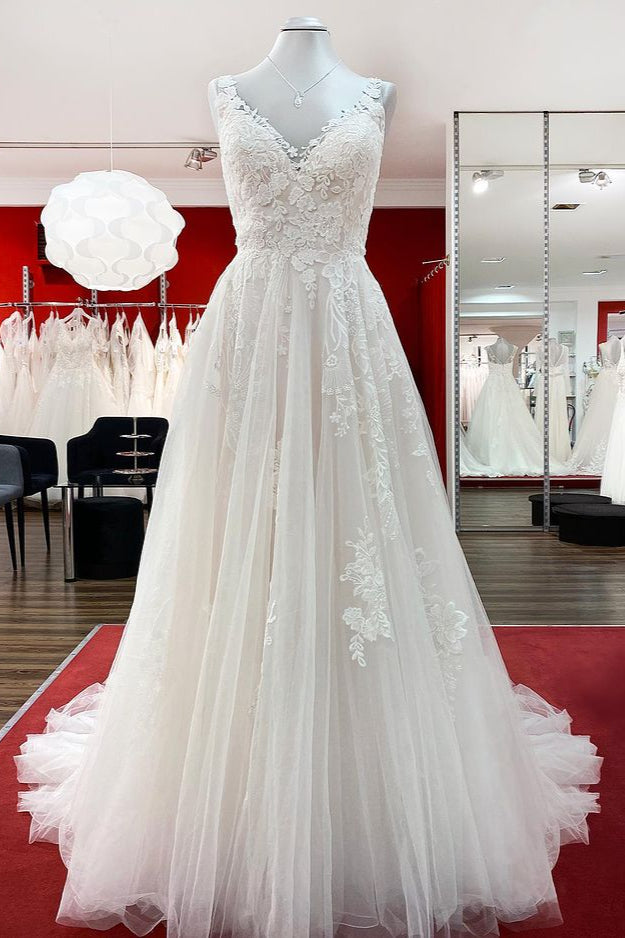 Graceful Long A-line Tulle V-Neck Wedding Dress with Lace Ruffles