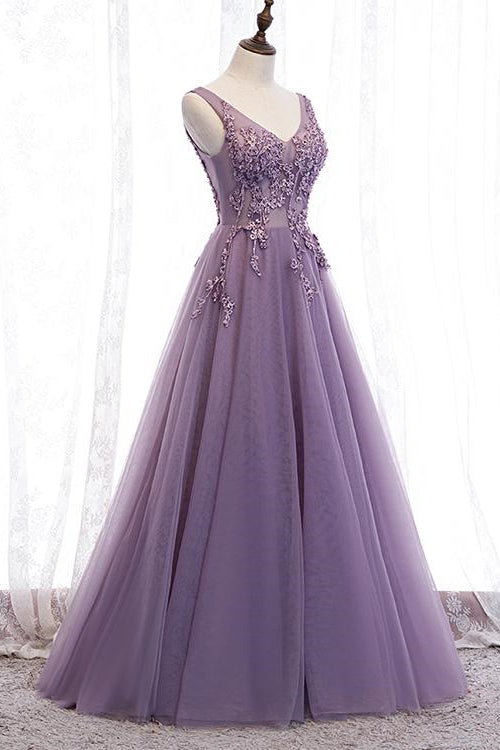 Purple Applique A-Line Prom Dress with V-Neck Open Back