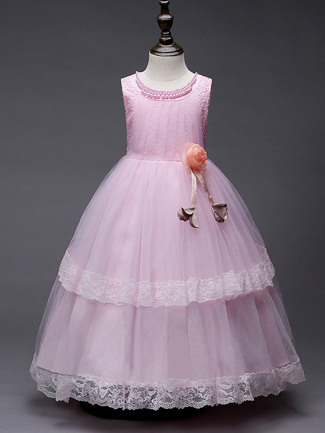 Lace Tulle Polyester Sleeveless Jewel Floor Length Flower Girl Dress With Pearls and Appliques