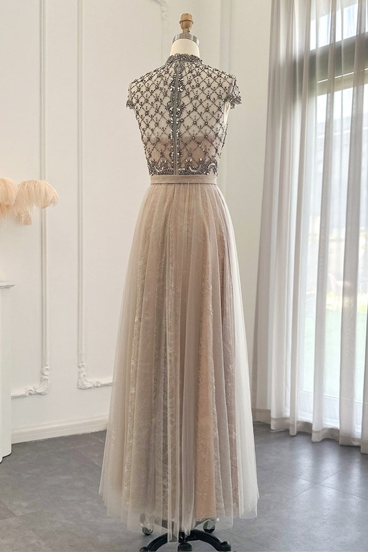 Chic A-Line Prom Dress with Champagne Jewel Neck and Tulle Diamond-Studded Detail