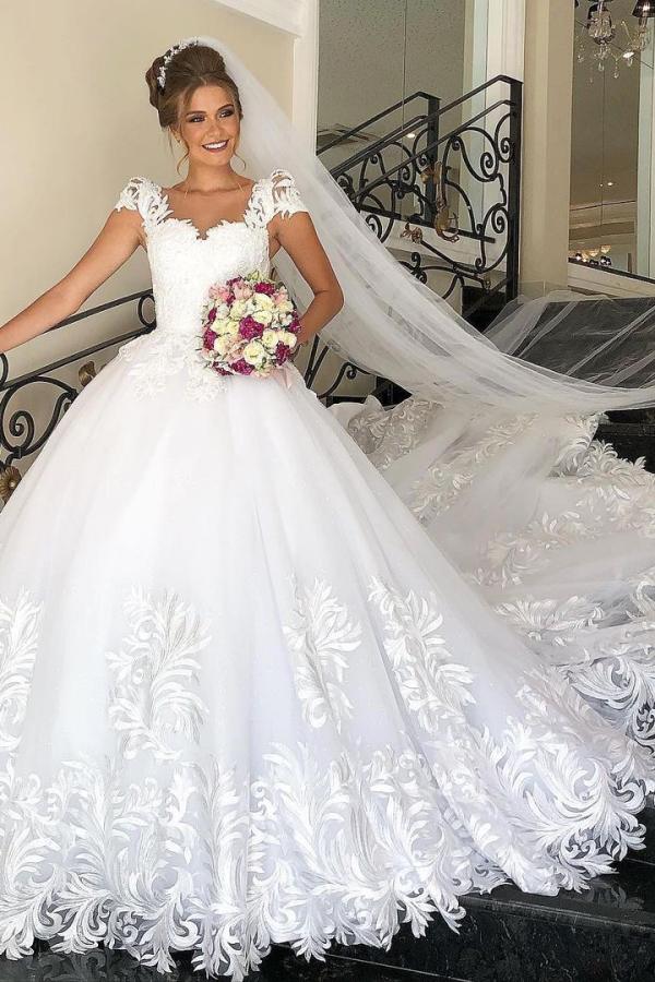 Elegant Long Cap Sleeves Princess Tulle Lace Wedding Dress