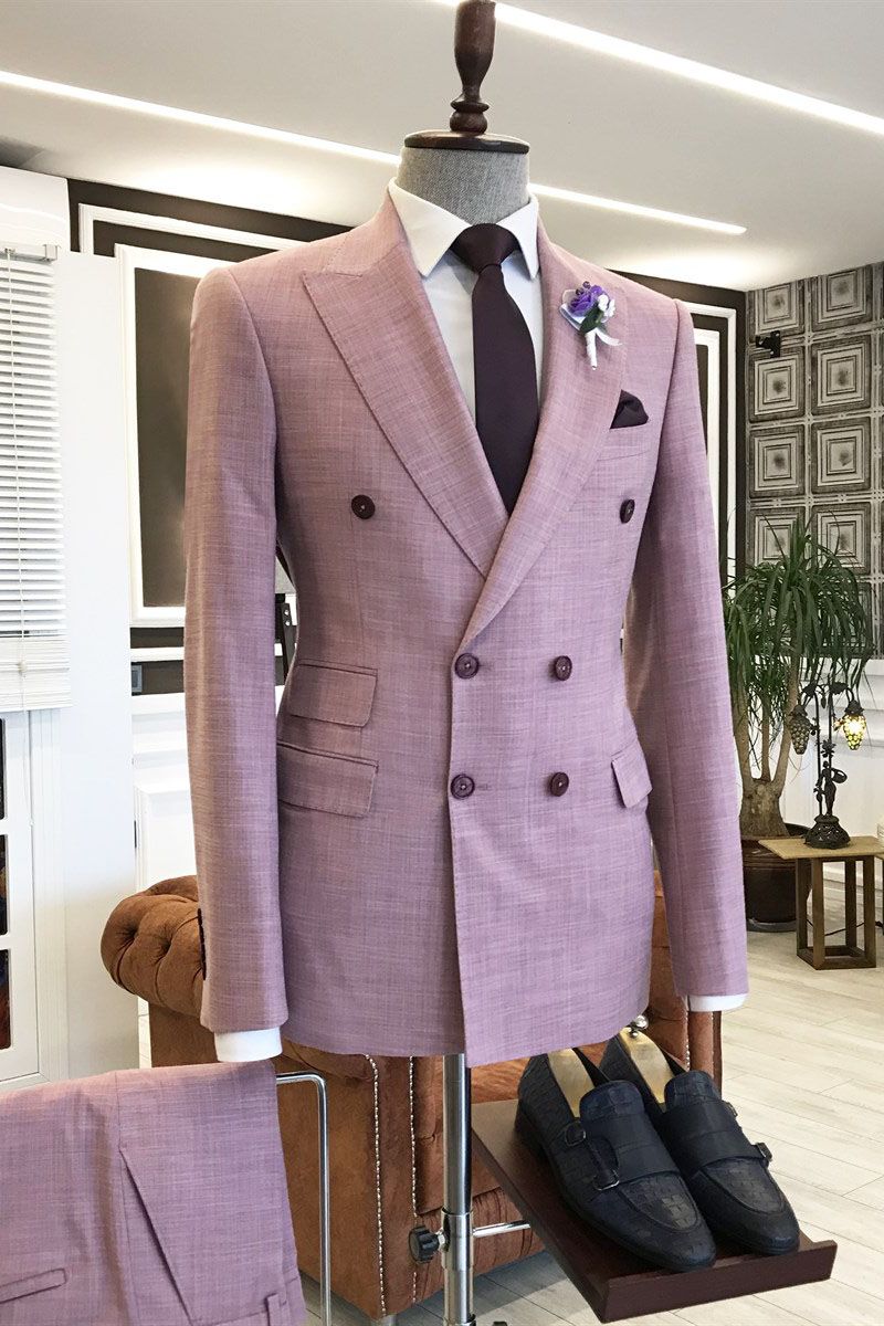 Elegant Pink Peaked Lapel Mens Wedding Outfit with 3 Flaps