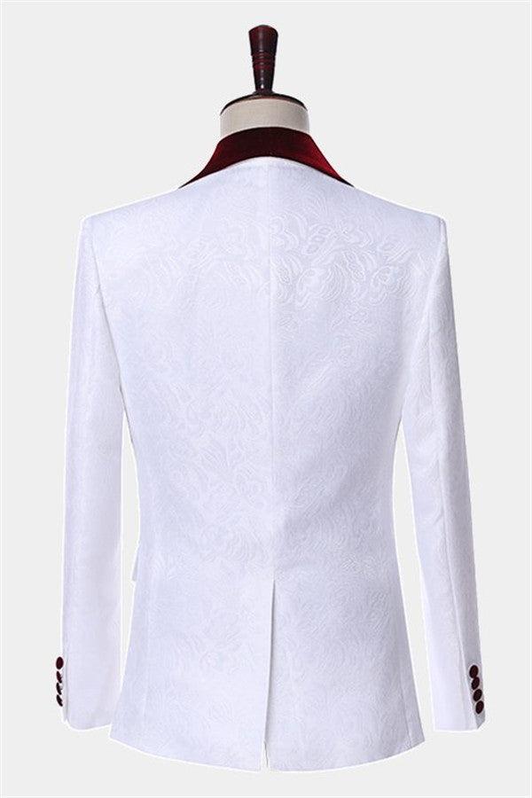 Modern White Jacquard Floral Wedding Tuxedo With Burgundy Lapel