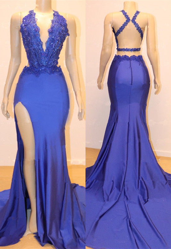 Mermaid Halter Blue Long Prom Dress with Lace Appliques