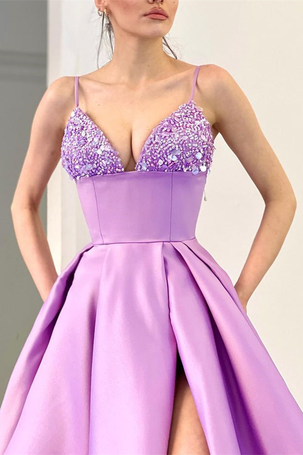 Sequins A Line Evening Dress with Spaghetti-Straps & Split - Lavender