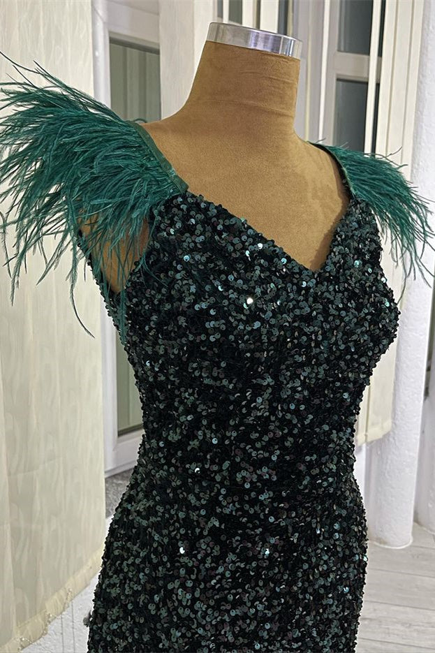 V-Neck Dark Green Evening Dress with Sequins and Feathers