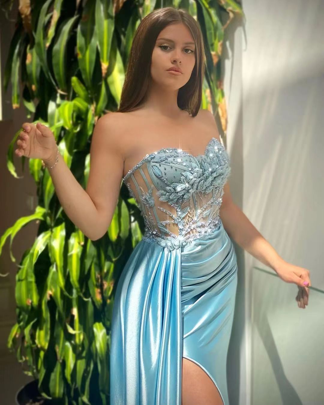 Sky Blue Sweetheart Sleeveless Mermaid Evening Dress with Satin Ruffles and Beaded Split